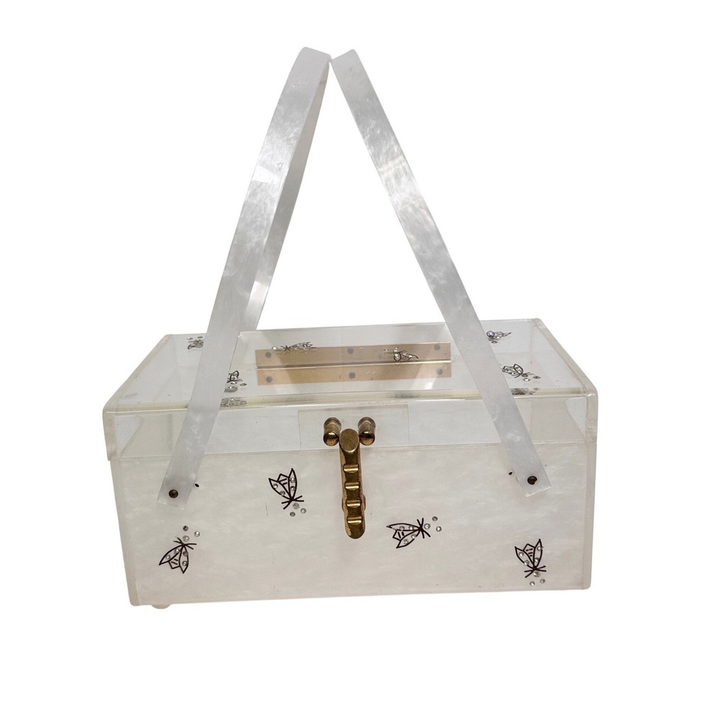 Vintage White Marbled Lucite Box Bag Clear Lid Rhinestone Bee Top Handle Purse